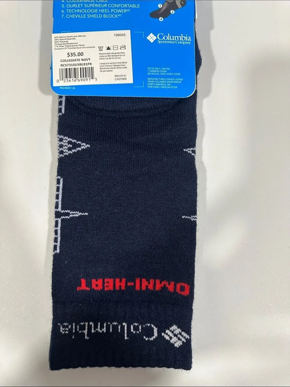 COLUMBIA Navy White Omni-Heat® Ski Socks Merino Wool Blend Over the Calf